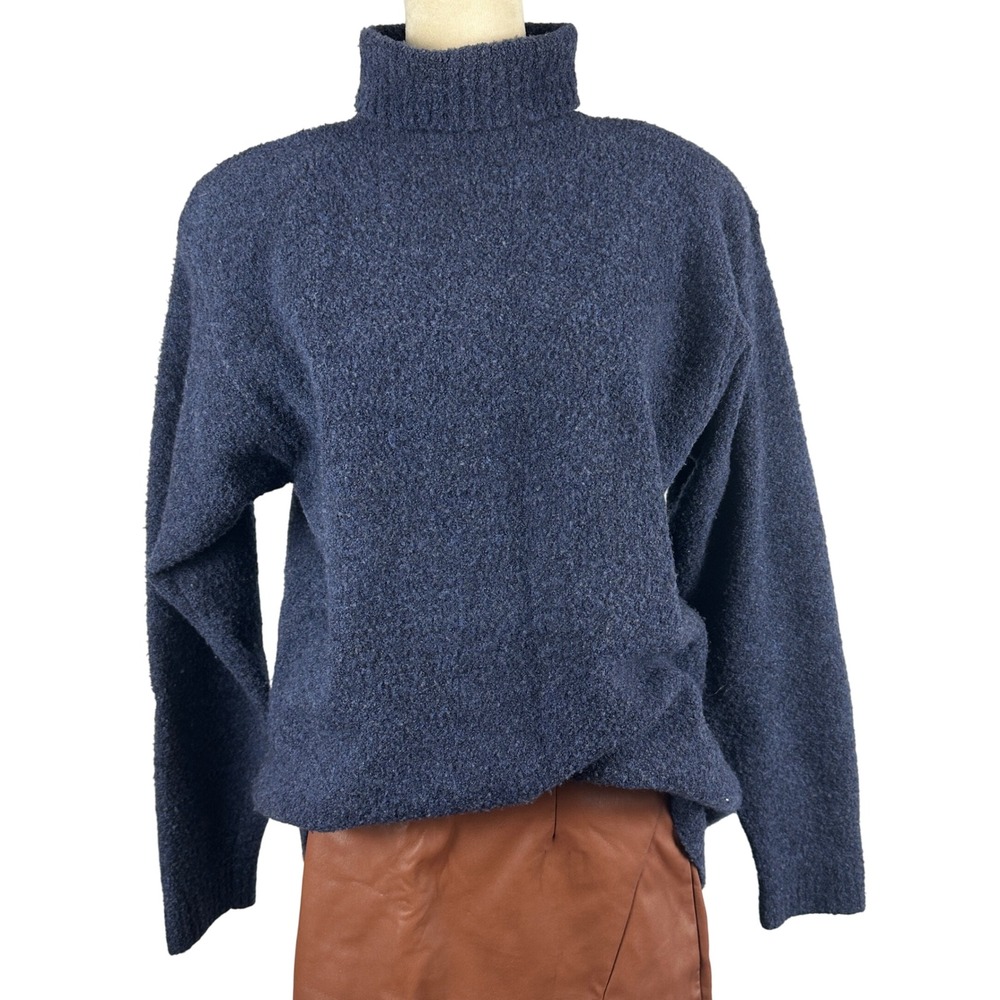 Navy Blue Textured Turtleneck Sweater WomenMedium Wool Blend Pullover Warmโ Cozy